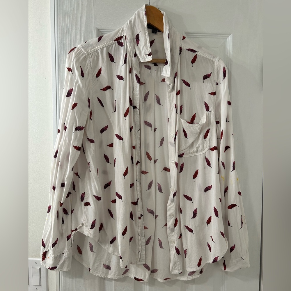Velvet Heart - White with Maroon/Orange Leaves / Button Down Blouse / Size L